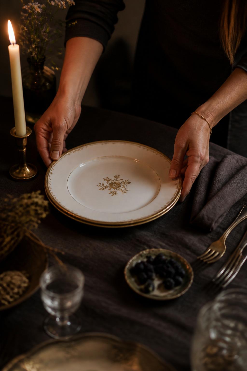 Stylist's hands placing a gold-rimmed plate on dark linen